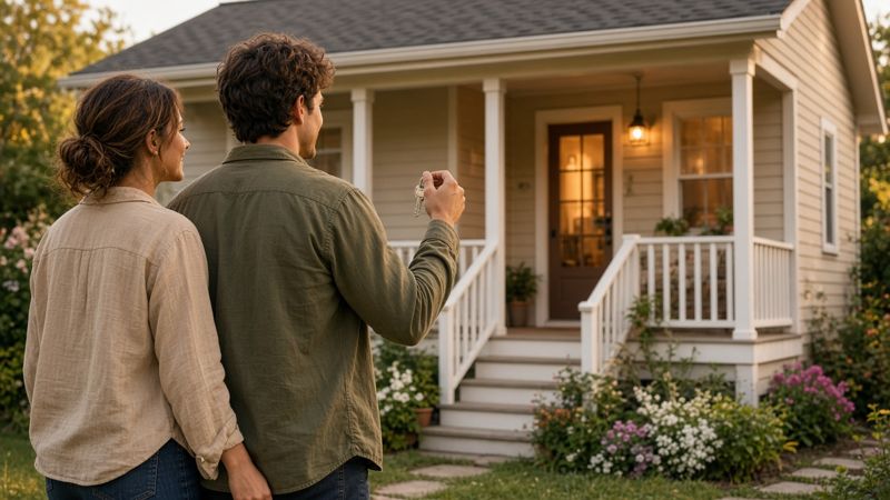 Couple holding keys in front of their first home