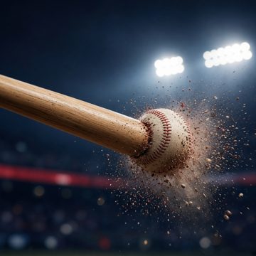 Bat hitting a baseball under stadium lights