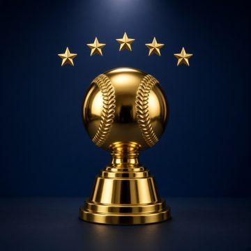 Gold baseball trophy with five stars