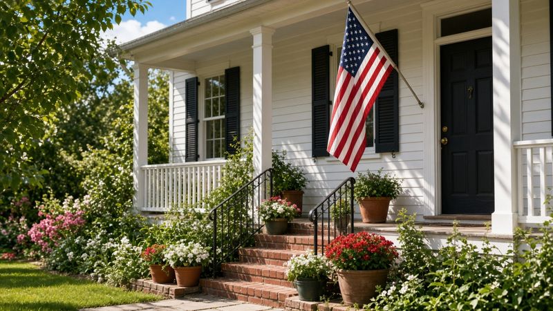Front porch with an American flag