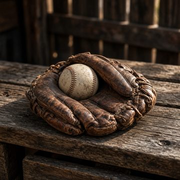 Worn baseball glove on a dugout bench